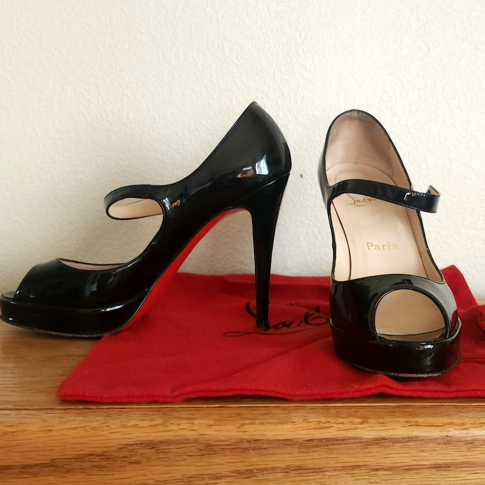Christian Louboutin Black Patent Peep-toe Platform Mary Jane Size 38